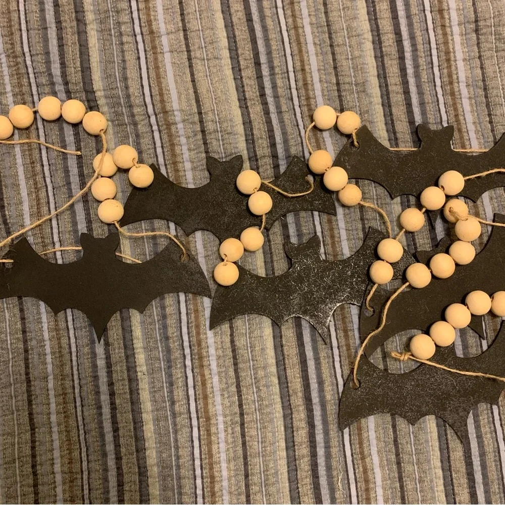 Halloween Black Bat Handmade Wooden Bead Jute Twine Garland 6ft NIP